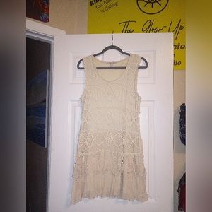 Bohemian Beige Crochet 🧶 Mini Dress with bottom ruffles